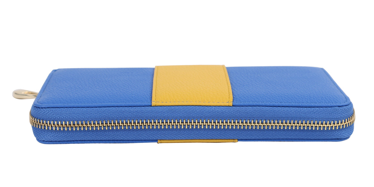 Talýnne Handbags - Color Block Leather Zip Wallet in Blue & Gold